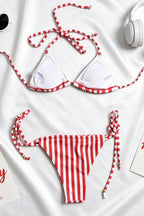 Retro Striped Print Triangle Tie Bikini Set
