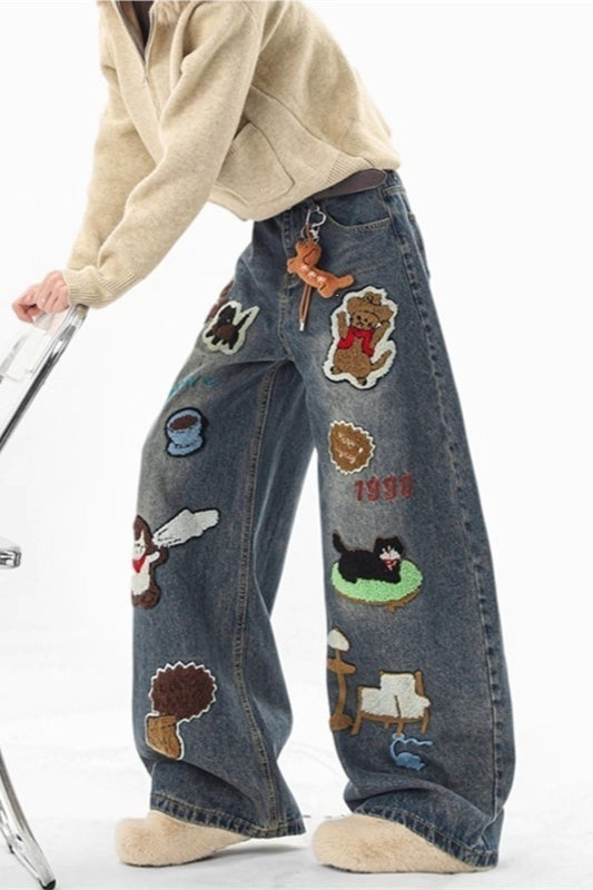 Cartoon Patch Embroidered Wide Leg Jeans