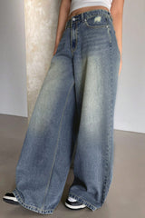 Long Wide Leg Washed Blue Ripped Relaxed Jeans