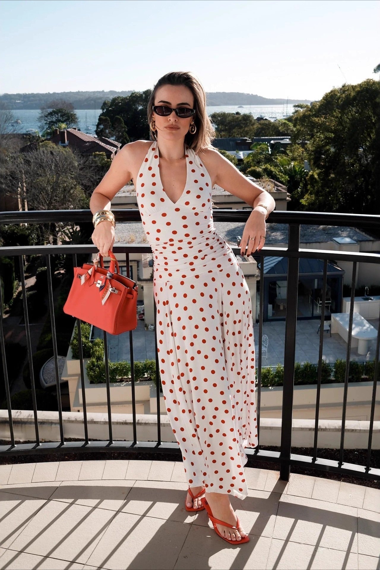 Polka Dot Halter V-Neck Ruched Maxi Dress Main image