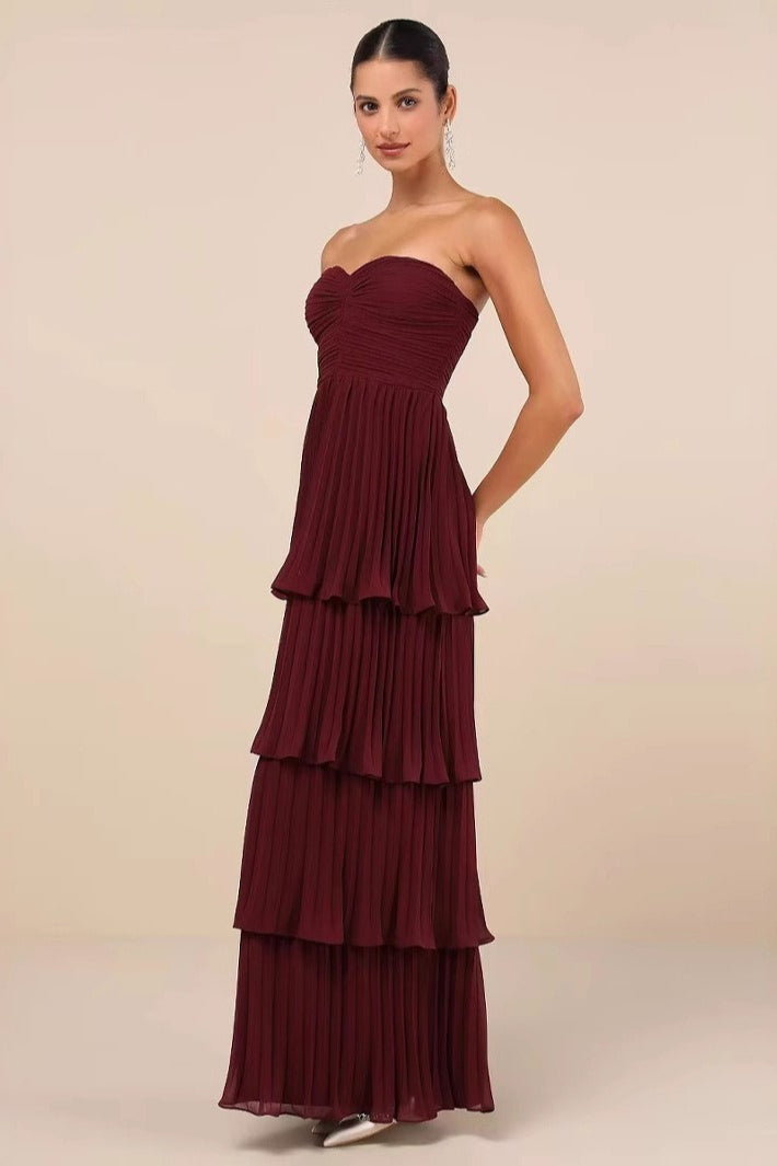 Ruched Bustier Tiered Hem Formal Dress S / Red Main image