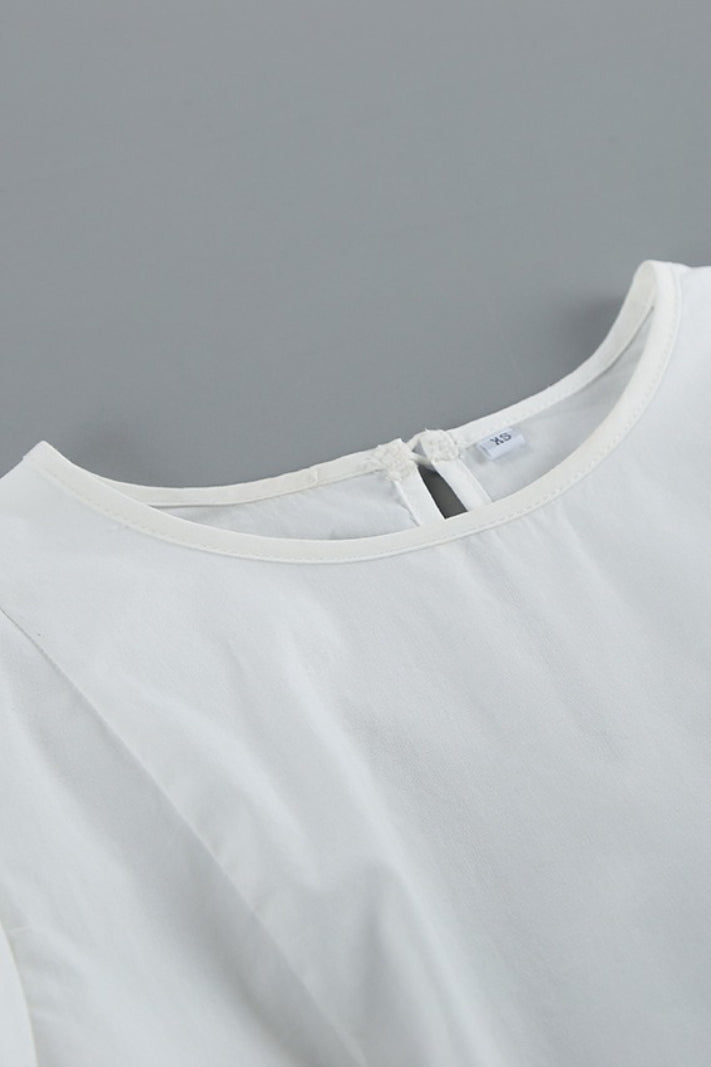 White Lace Trim Ruched Waist Puff Sleeve Blouse