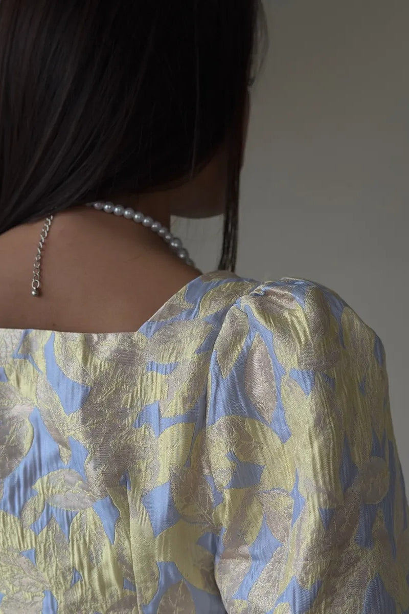 Floral Jacquard Square Neck Peplum Blouse