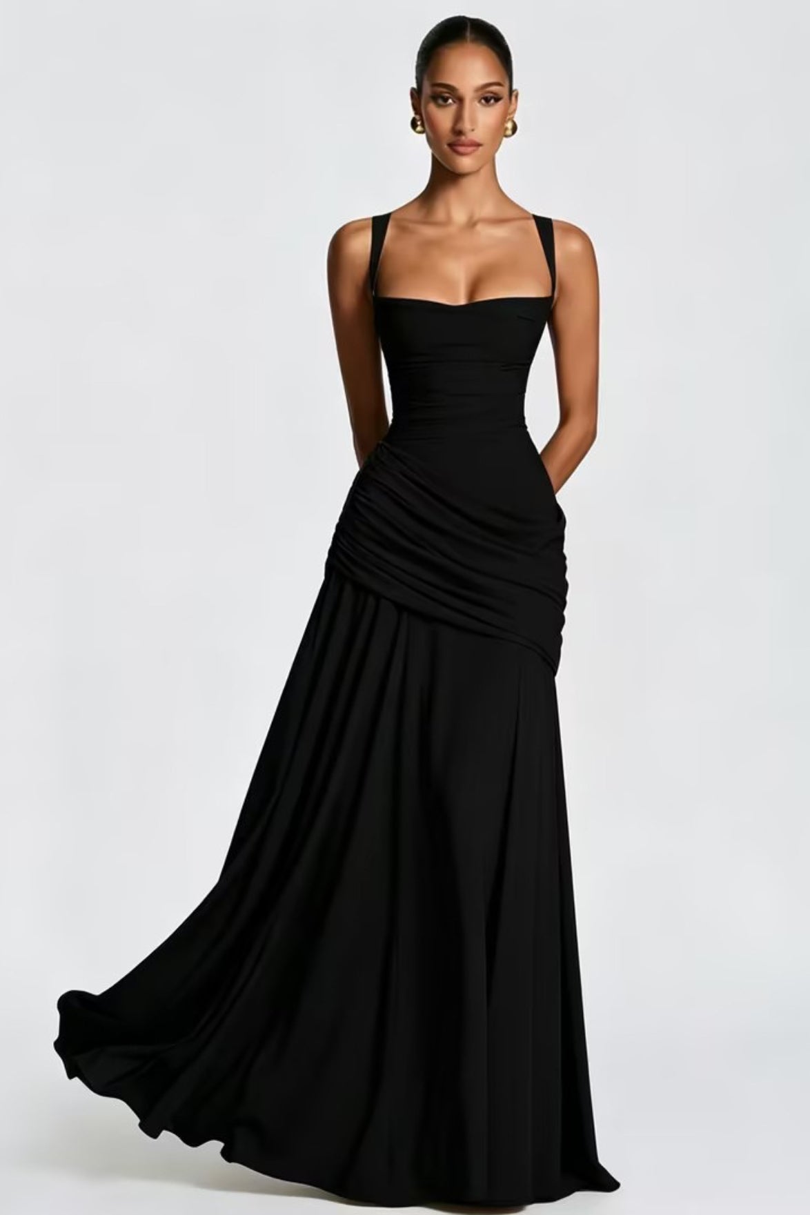 Square Neck Ruched Milk Silk Formal Dress