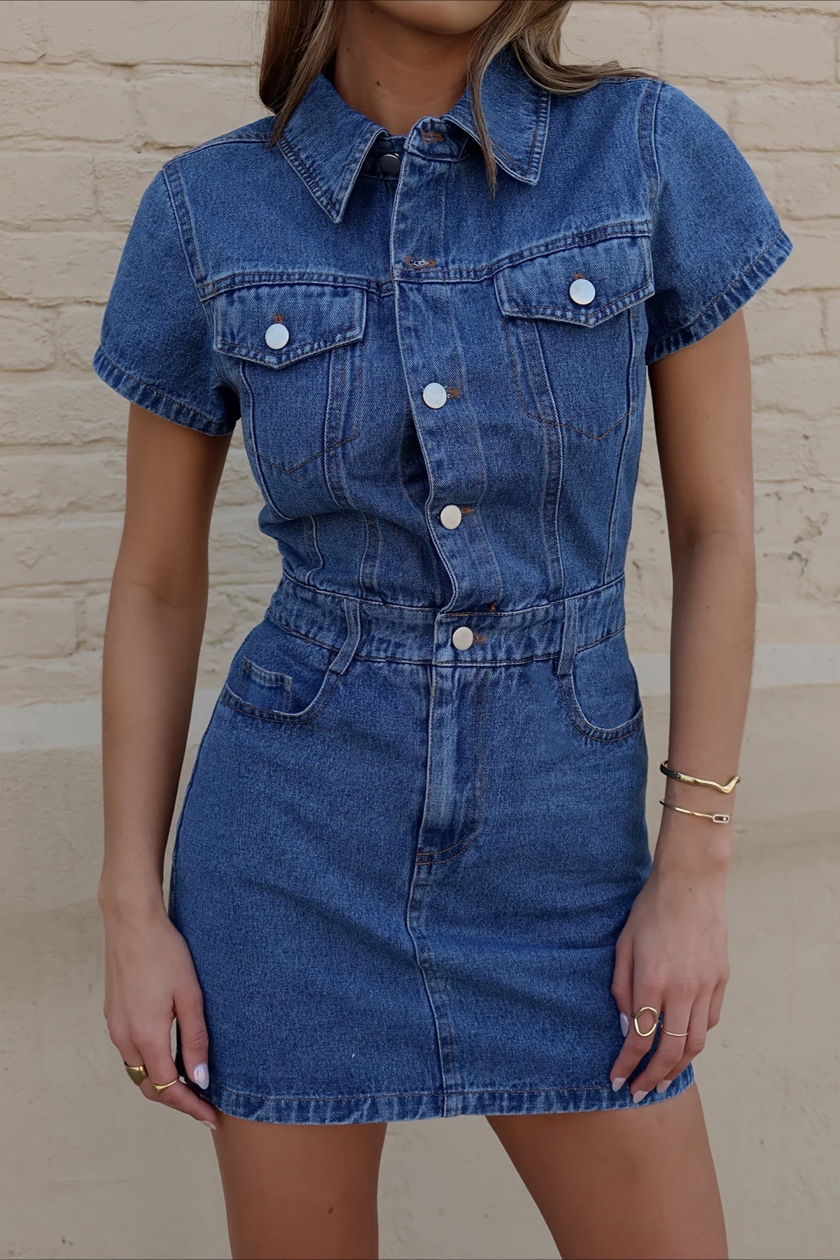 Denim Notched Collar Button Front Shirt Mini Dress Main image