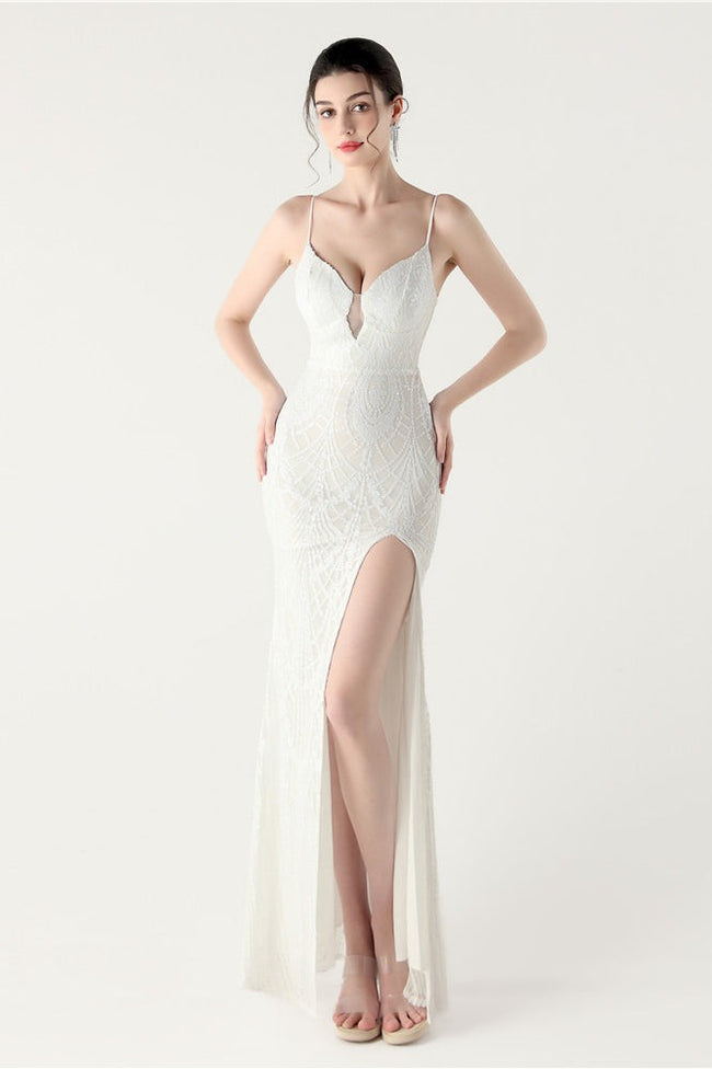 Sequin V Neck Cross Strap Mermaid Maxi Dress White / S Main image