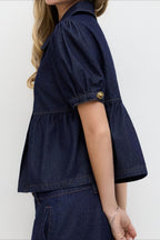 Puff Sleeve Denim Top Low Rise Shorts Set