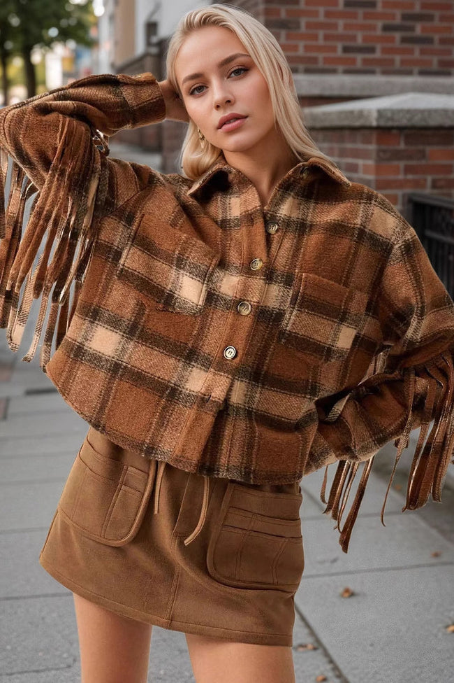 Plaid Fringe Wool Crop Coat Brown / S Main image
