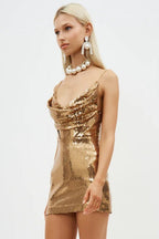 Gold Sequin Cowl Back Cocktail Dress