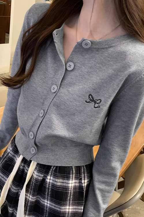 Bow Embroidered Knit Cardigan Grey / S