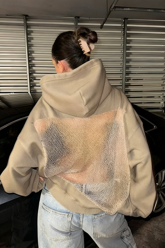Mesh Back Cutout Pullover Hoodie