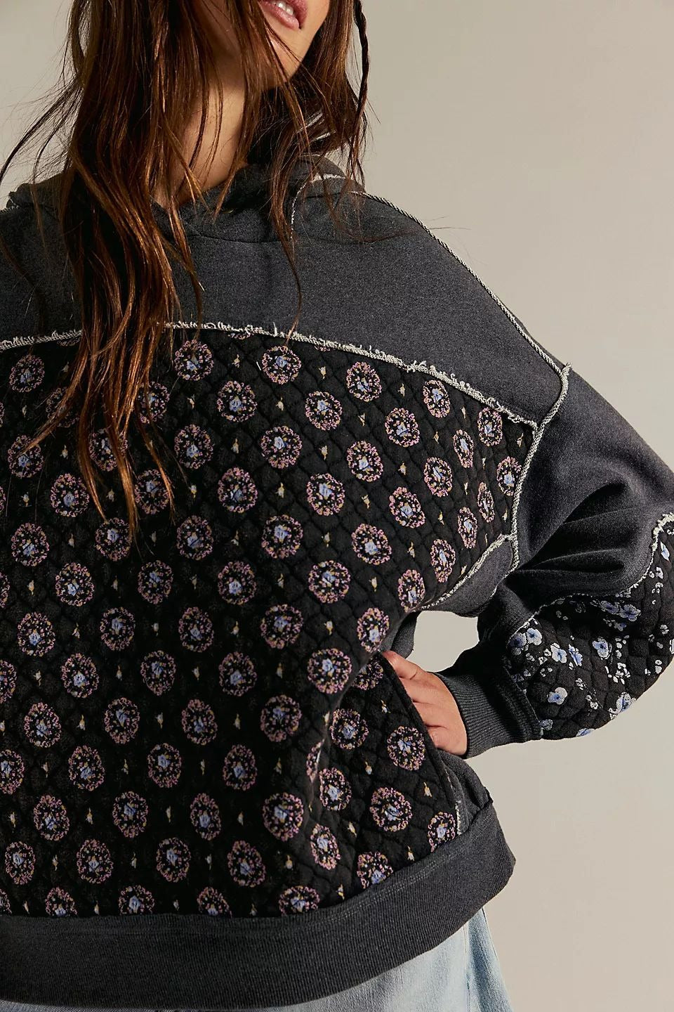 Boho Quilted Floral Patchwork Oversized Hoodie