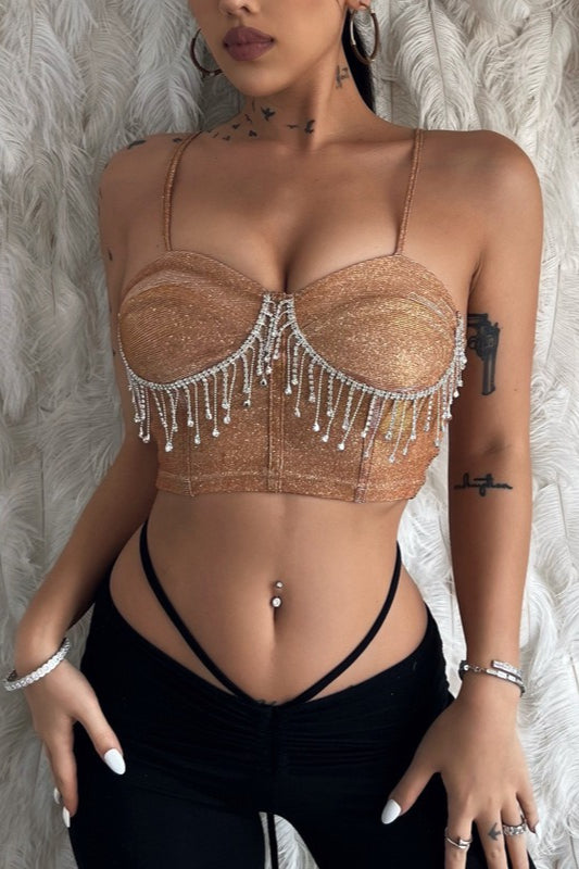 Rhinestone Trimmed Bardot Fringe Crop Top Main image