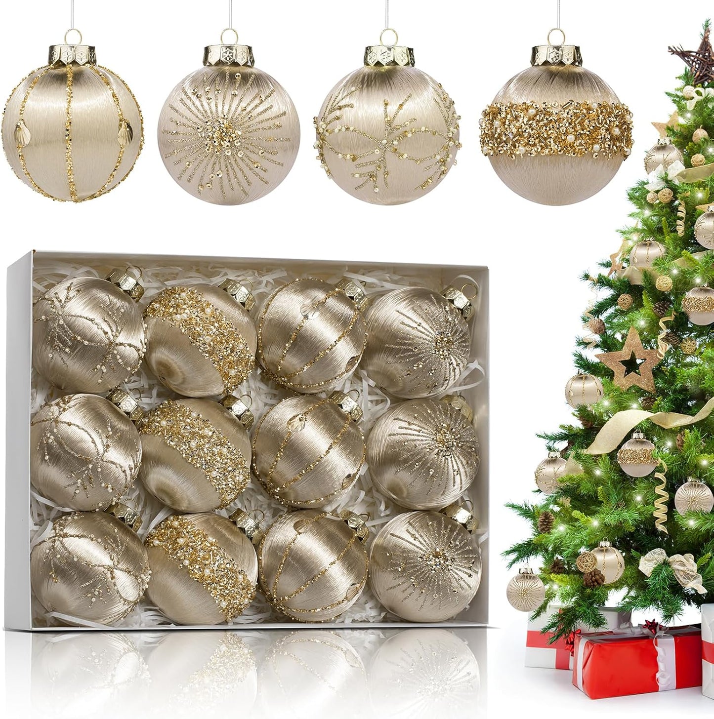 Luxury Champagne Satin Christmas Balls - 12 Pack of Shatterproof Glitter Ornaments for Tree Decorations - Set of 3.15 inch (80mm) Ornaments