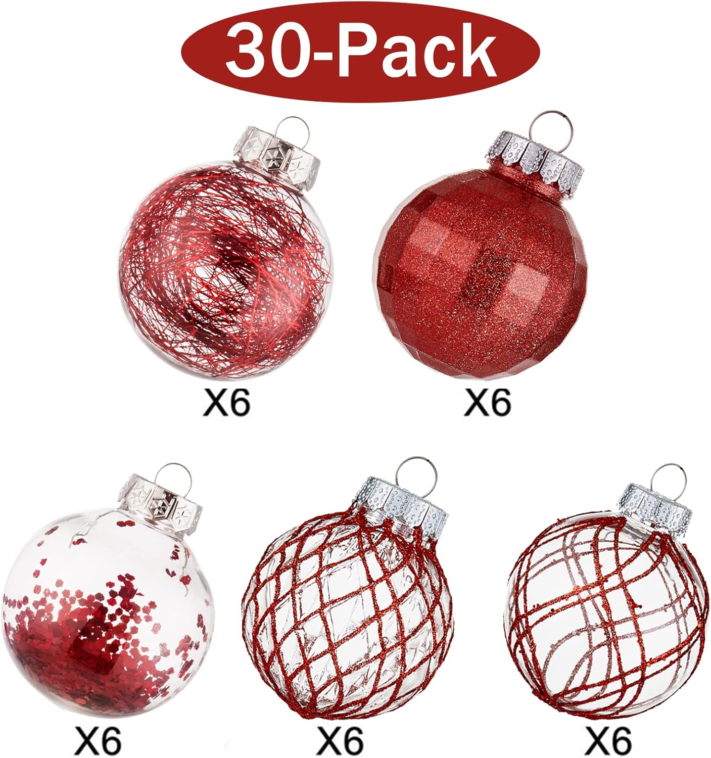 Clear Plastic Christmas Ball Ornaments Set - Red, Shatterproof