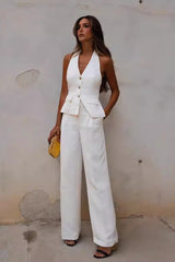 Open Back Halter Two Piece Vest Pants Set