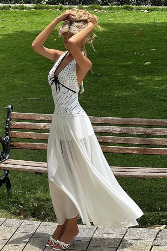 Floral Print Polka Dot Backless Tie Maxi Dress Secondary image