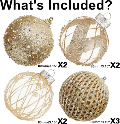 Large Shatterproof Foam Christmas Ball Ornaments - Clear Plastic Glitter Hanging Balls for Xmas Holiday Party Home Decor (Champagne) - Set of 9