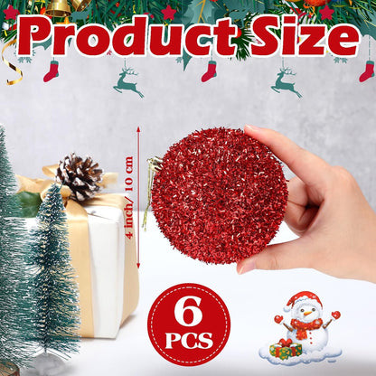 6 Pcs 4 Inch Red Christmas Ball Ornaments - Tinsel, Glitter, Sequin, Foam - Shatterproof Xmas Hanging Decorations for Home, Party, Gift