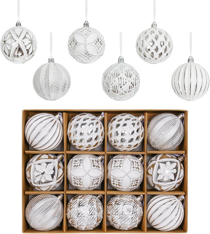 Rustic Christmas Ball Ornaments Set - Farmhouse Distressed Tree Decorations - Shatterproof Antique Style Xmas Hanging Ornaments - White Gold (12Pcs)