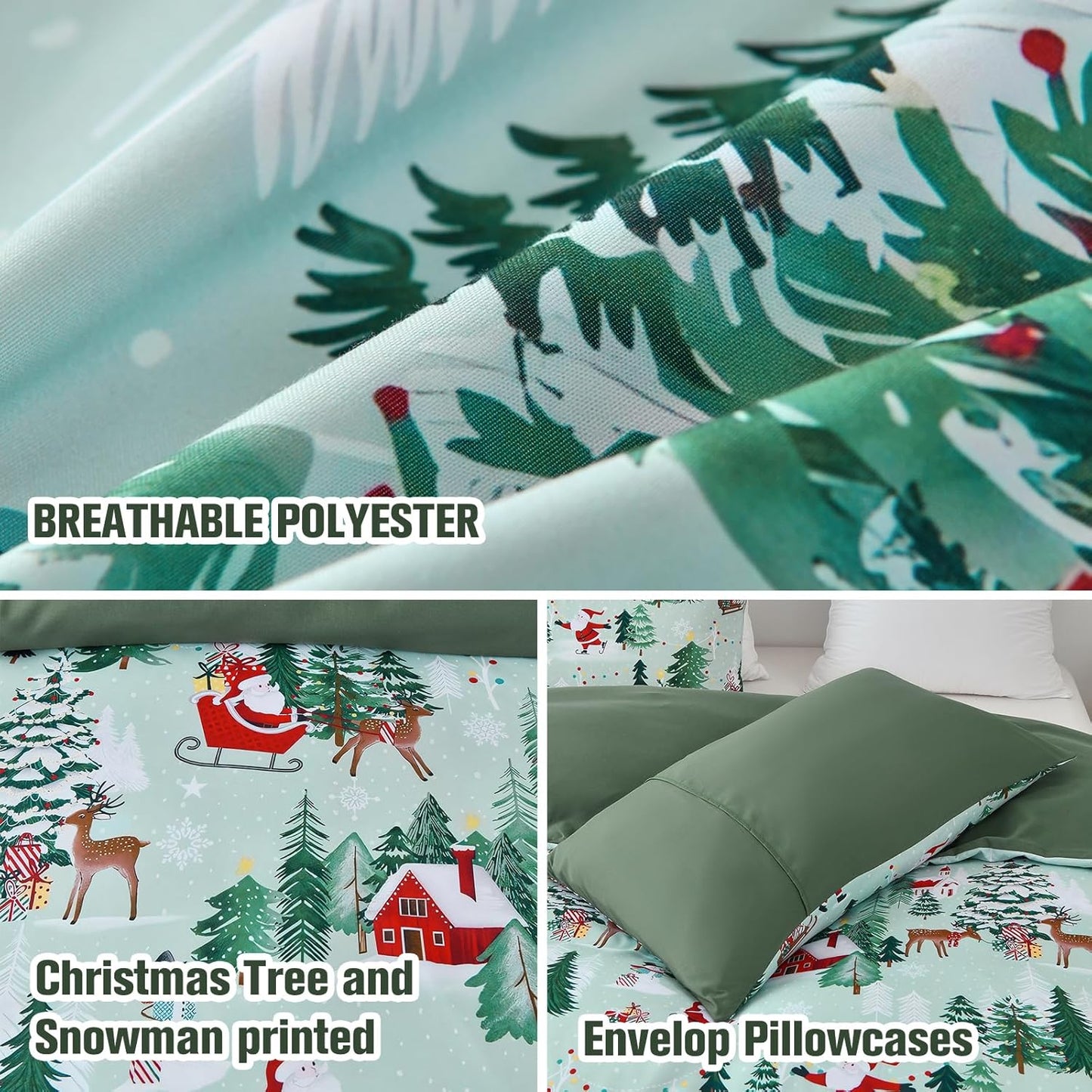 Christmas Tree Deer Queen Size Duvet Cover Set - Green