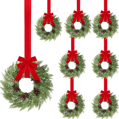 Christmas Wreath Decorations with Red Ribbon - Farmhouse Decor for Front Door, Window, Chair, Wall - Set of 6