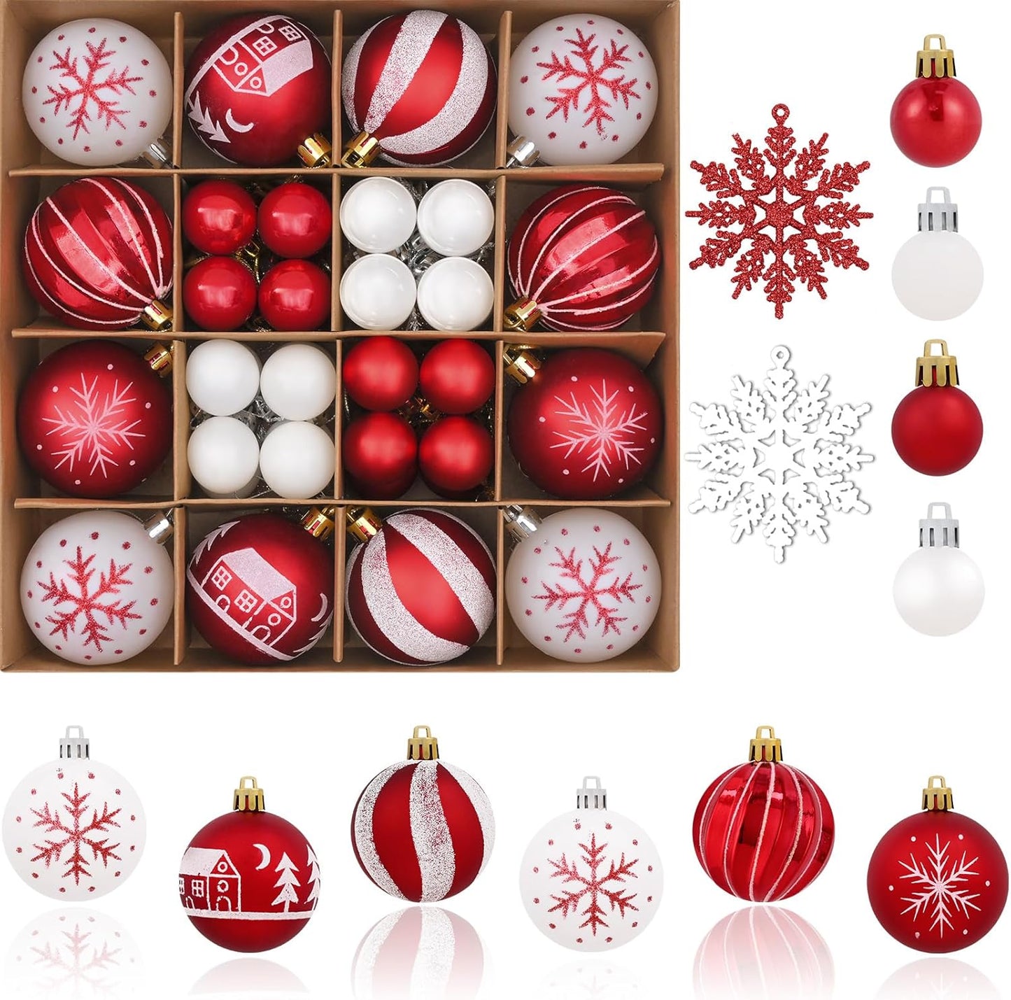 Red & White Christmas Ball Ornaments Set - 50pcs for Xmas Tree, Holiday Party, Wedding, Home Decor