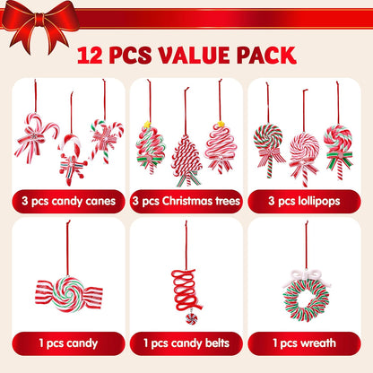 Christmas Candy Cane Ornament Set with Wreaths, Lollipop, and Trees Designs