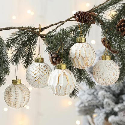 White and Gold Rustic Christmas Ball Ornaments - Set of 12