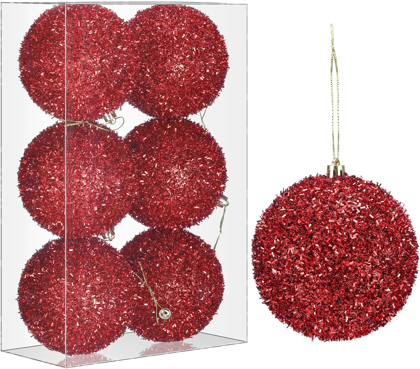 6 Pcs 4 Inch Red Christmas Ball Ornaments - Tinsel, Glitter, Sequin, Foam - Shatterproof Xmas Hanging Decorations for Home, Party, Gift