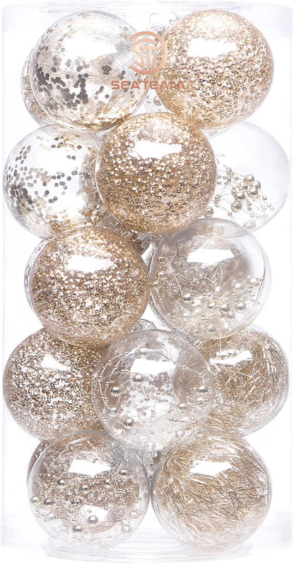 24 Count Shatterproof Clear Plastic Christmas Ball Ornaments with Gold Decorations