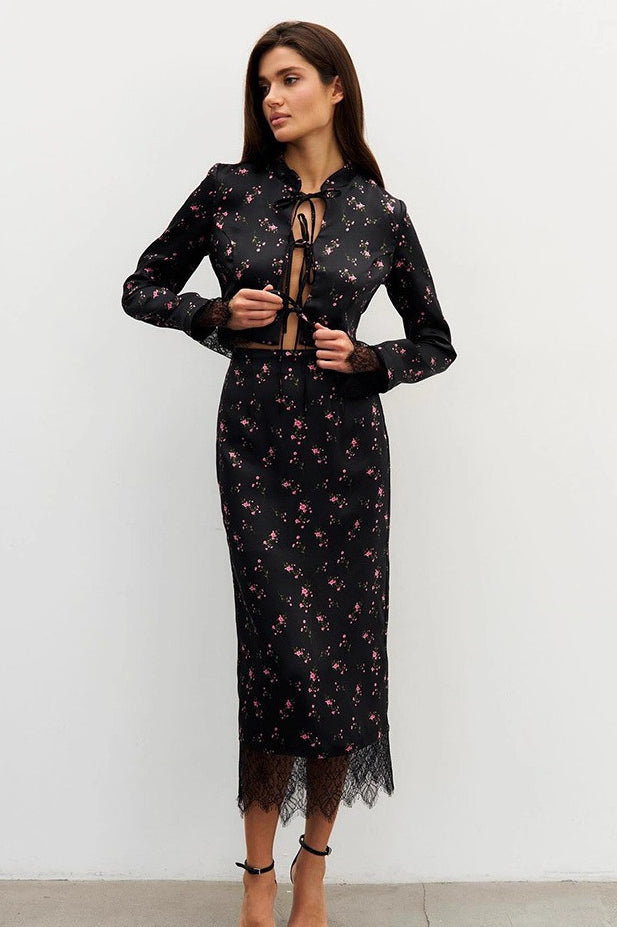 Button Front Floral Long Sleeve Blouse Skirt Set Main image