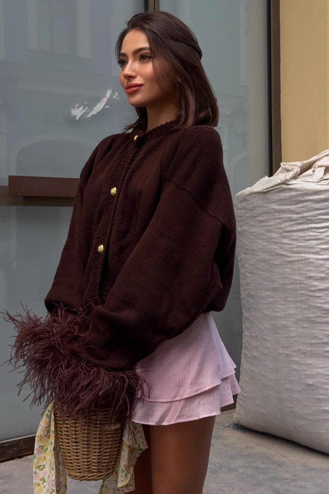 Button Accented Solid Feather Paneled Sweater Main image