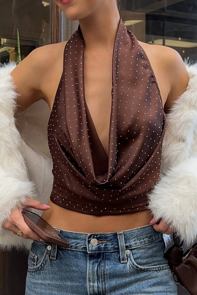 Polka Dot Color Block Backless Halter Crop Top Main image