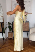 Solid Asymmetrical Shoulder Tie Waist Sleeveless Slim Fit Prom Dress