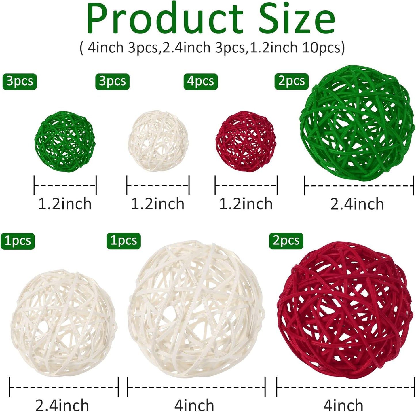 16PCS Wicker Rattan Balls Christmas Ornaments Wedding Party Decor - Red Green White