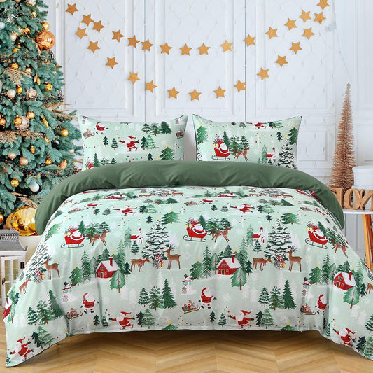 Christmas Tree Deer Queen Size Duvet Cover Set - Green