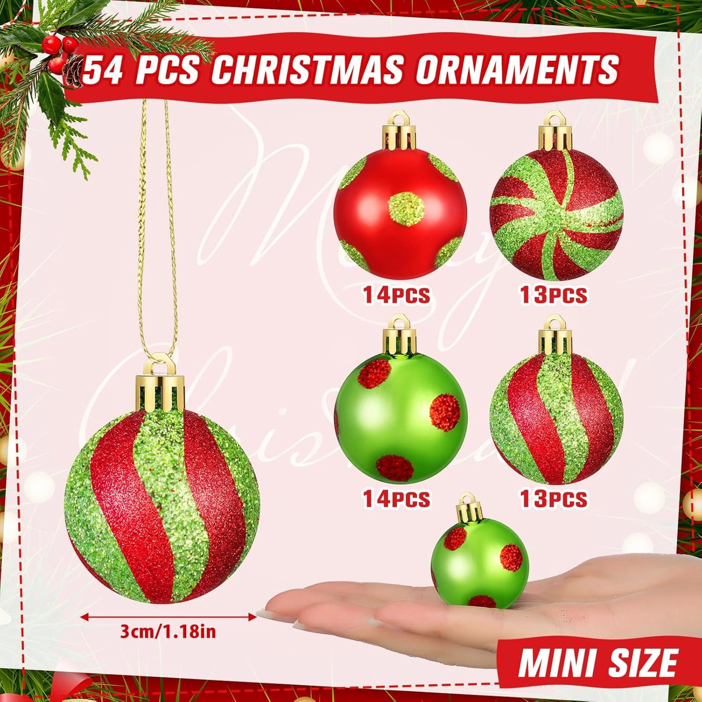 Mini Red and Lime Green Christmas Balls Ornaments - 54 Pcs - 1.18 inch Xmas Striped Dots - Shatterproof Plastic Hanging Ornaments for Tree Party Holiday Decorations