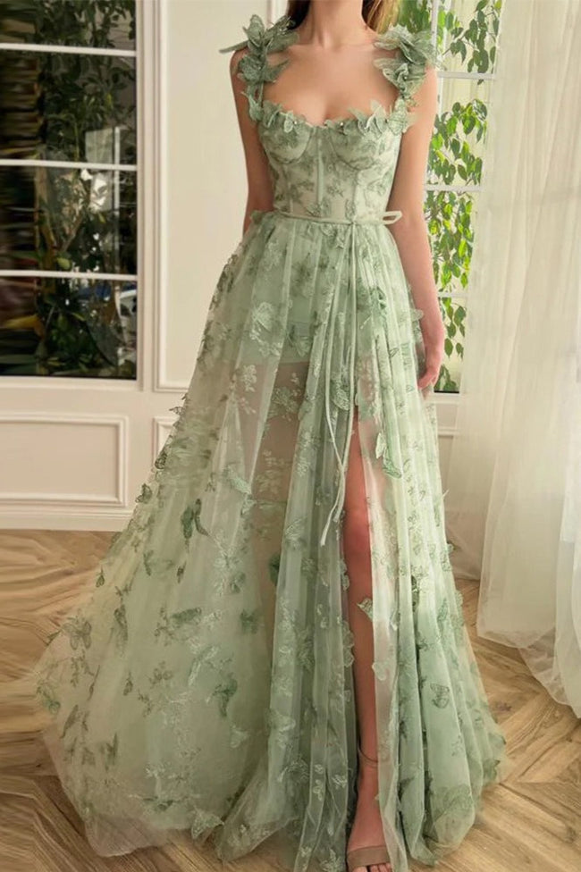 Sheer Tulle Spaghetti Strap High Slit Party Dress S / Green Main image