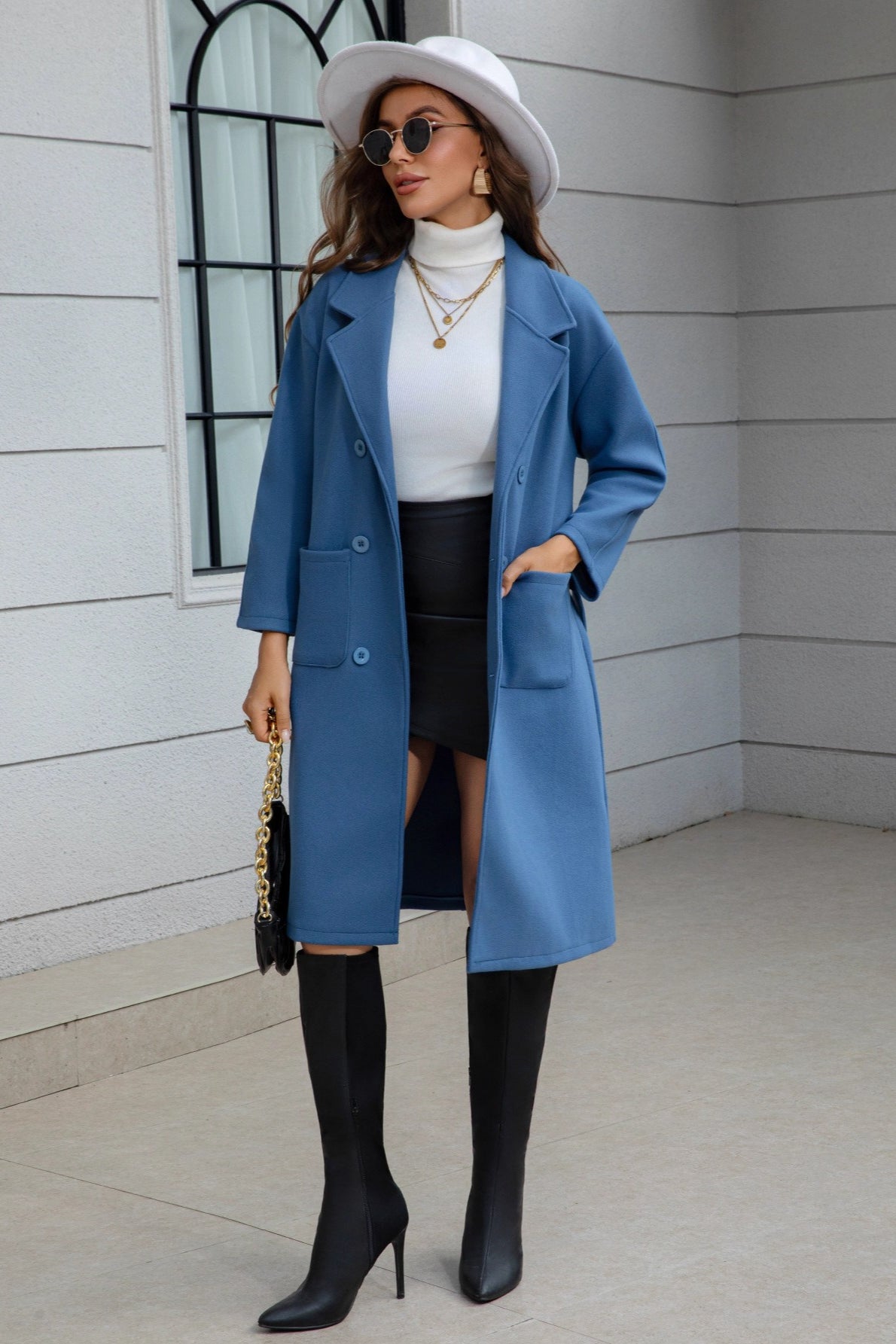 Blue Belted Midi Wool Blend Overcoat