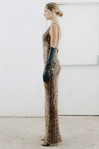 Leopard Sequin Sheer Cape Spaghetti Strap Backless Prom Dress