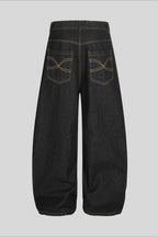 Gold Script Embroidered Barrel Leg Jeans
