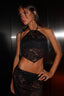 Lace Halter Backless Tie Front Crop Top Bodycon Sheer Skirt Set