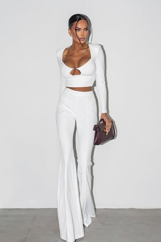 Solid Color Long Sleeve Crop Top Pants Set Secondary image