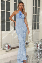 Halter Floral Foil Print Maxi Dress XS / Blue