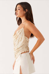 Printed Sequin Back Tie Tank Top