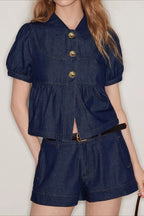 Puff Sleeve Denim Top Low Rise Shorts Set