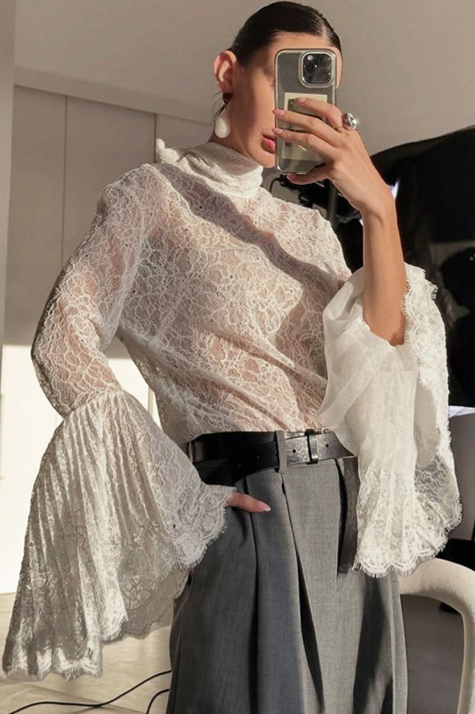 Lace Flounce Collar Ruffled Sleeve Sexy Blouse Secondary image