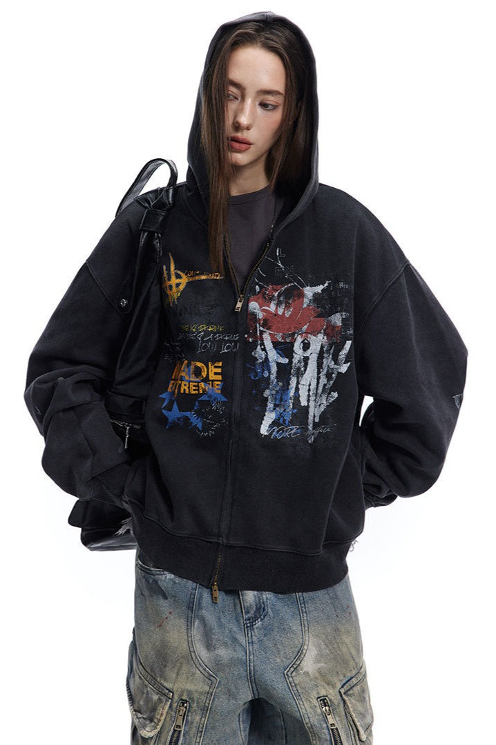 Graffiti Print Full Zip Oversized Hoodie