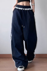 Lace Trim Wide Leg High Waist Pants